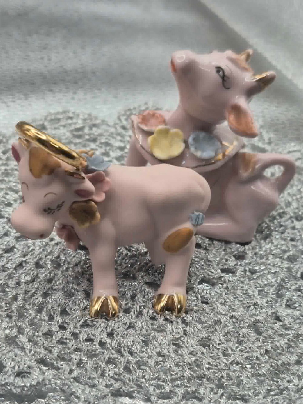 Vintage MCM Kitschy Bisque Pink Holy Cow Miniature Figurine Set